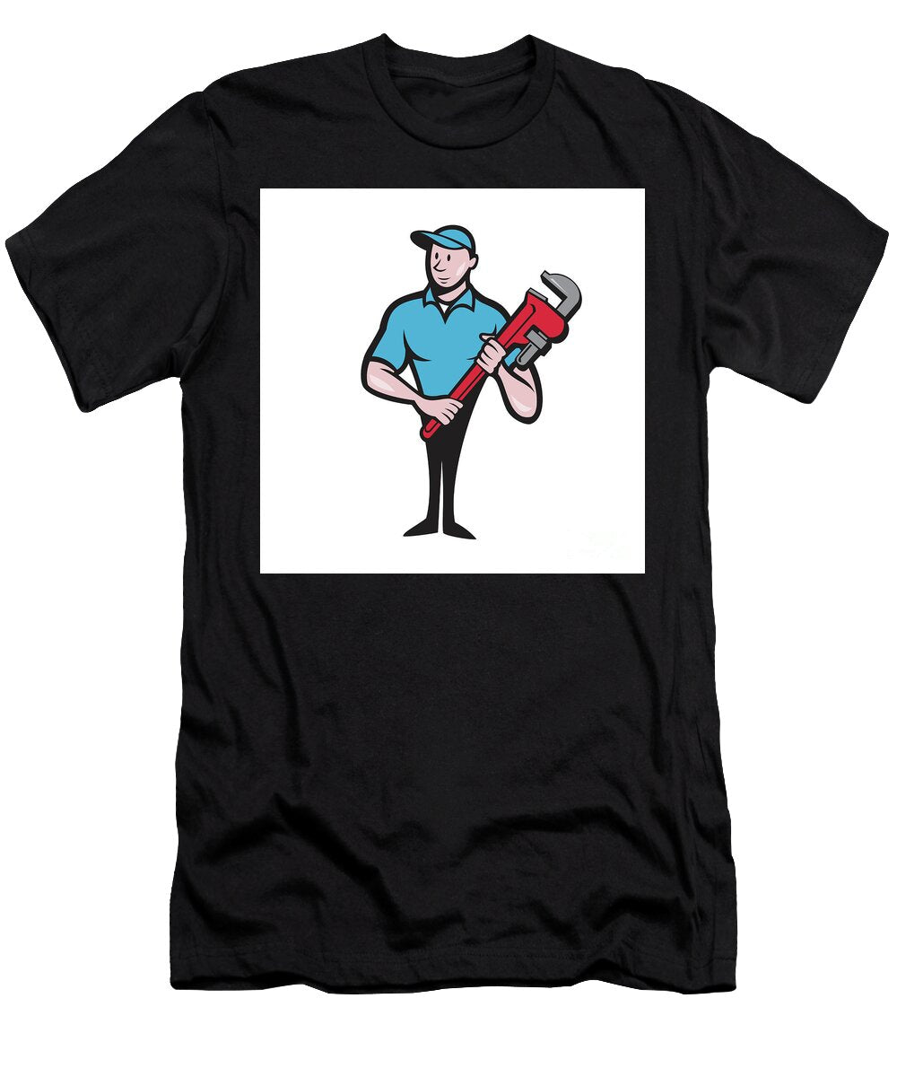 3 Plumber Holding Monkey Wrench Cartoon Aloysius Patrimonio T-Shirt