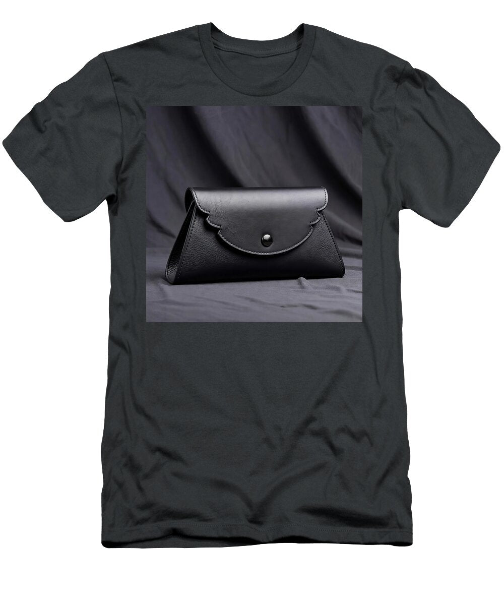 3 Sleek Black Leather Clamshell Clutch with Wing Detail Elegant Evening Handbag Talha Khan T-Shirt