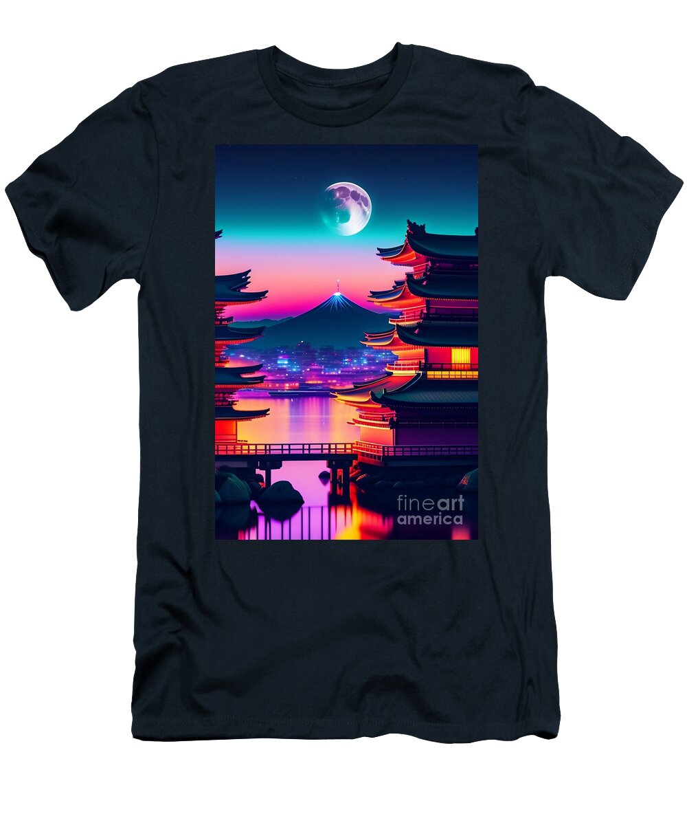 35 Synthwave Japanese Town with Moon Background Boon Mee T-Shirt