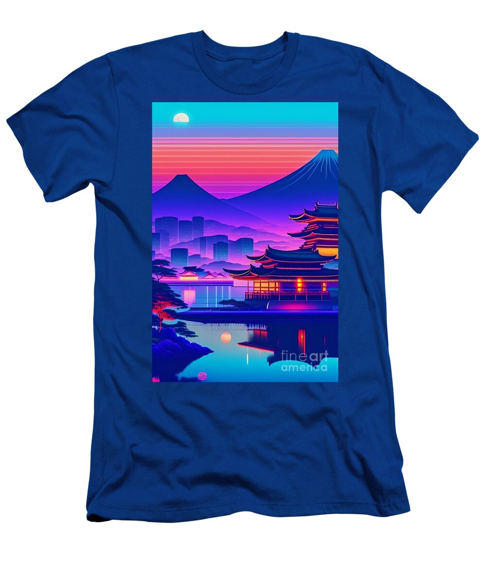 37 Synthwave Japanese Town with Moon Background Boon Mee T-Shirt