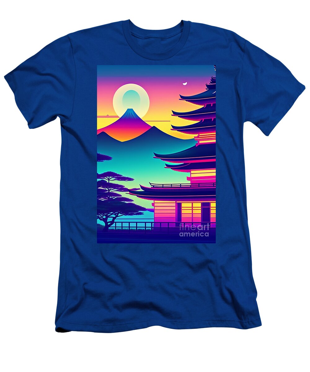 39 Synthwave Japanese Town with Moon Background Boon Mee T-Shirt