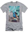 4 Fashion Boy in Blue Clothes Bites At a Cake Pixels with Pickaxe in the Studio Birthday Five Years Elena Saulich T-Shirt