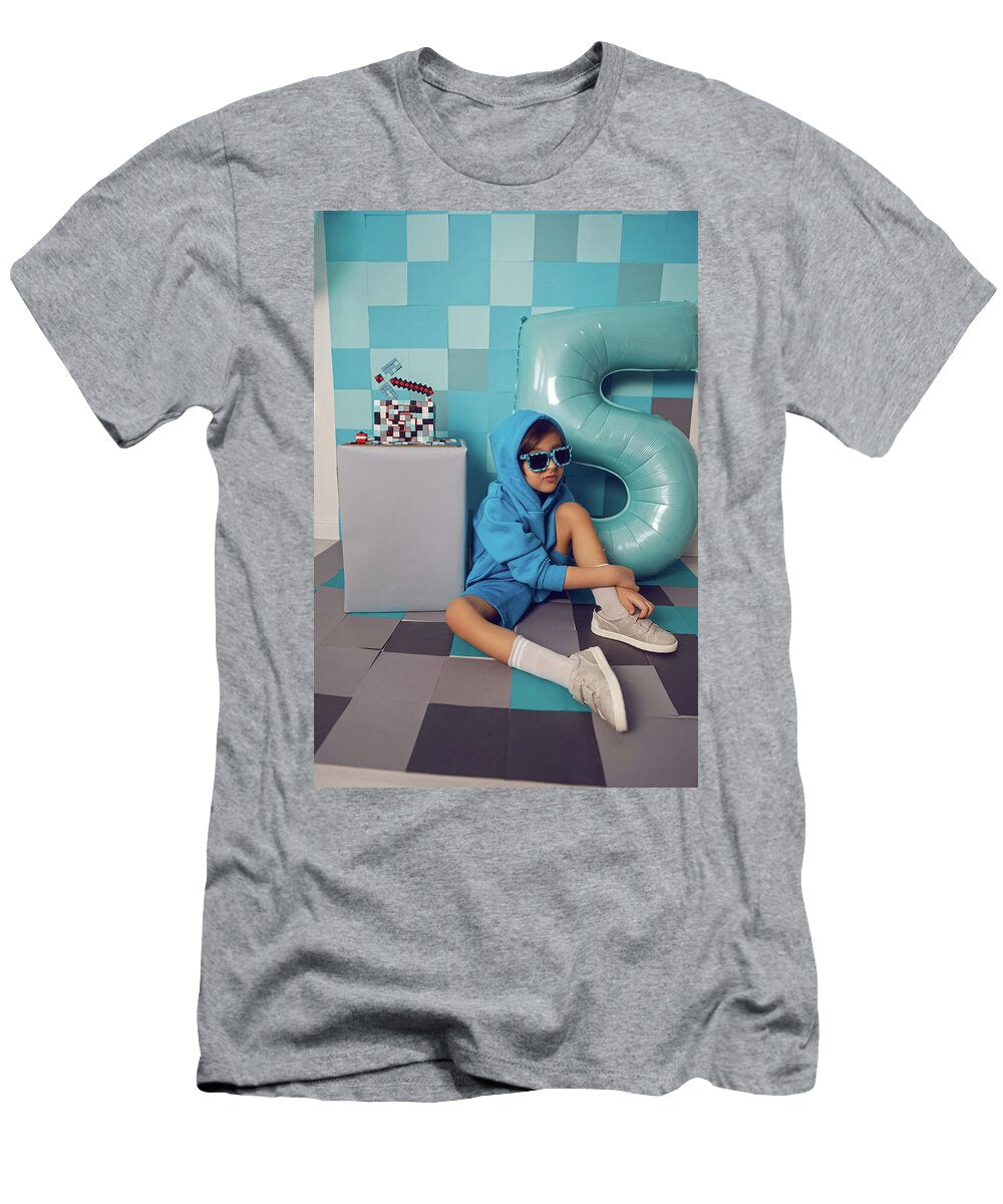 4 Fashion Boy in Blue Clothes Bites At a Cake Pixels with Pickaxe in the Studio Birthday Five Years Elena Saulich T-Shirt