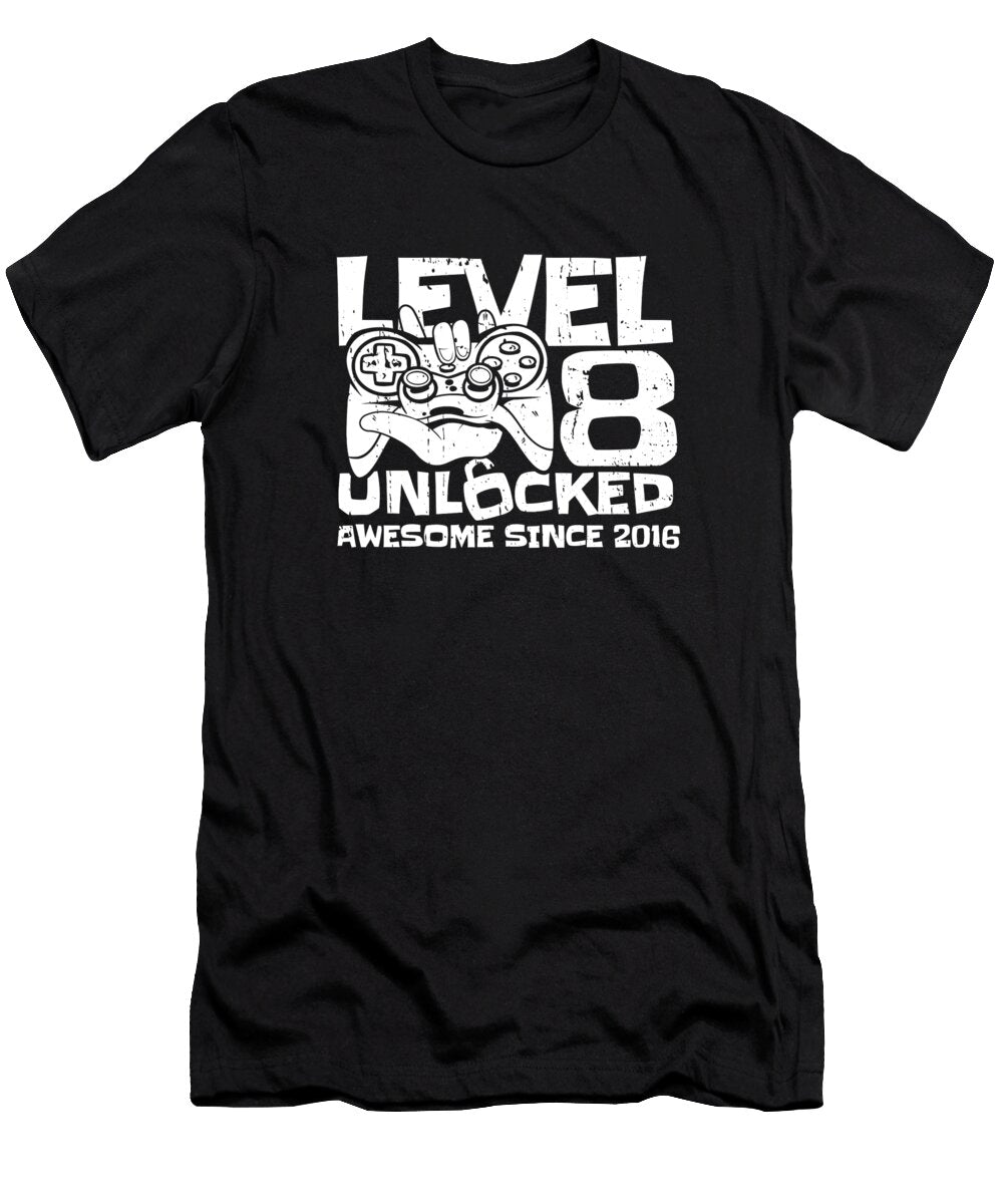 4 Gaming 8th Birthday Video Year Old Gamer Level 8 Unlocked Crazy Squirrel T-Shirt
