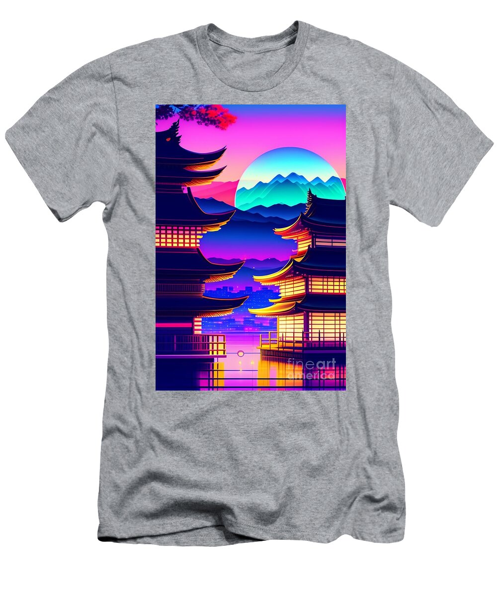 40 Synthwave Japanese Town with Moon Background Boon Mee T-Shirt