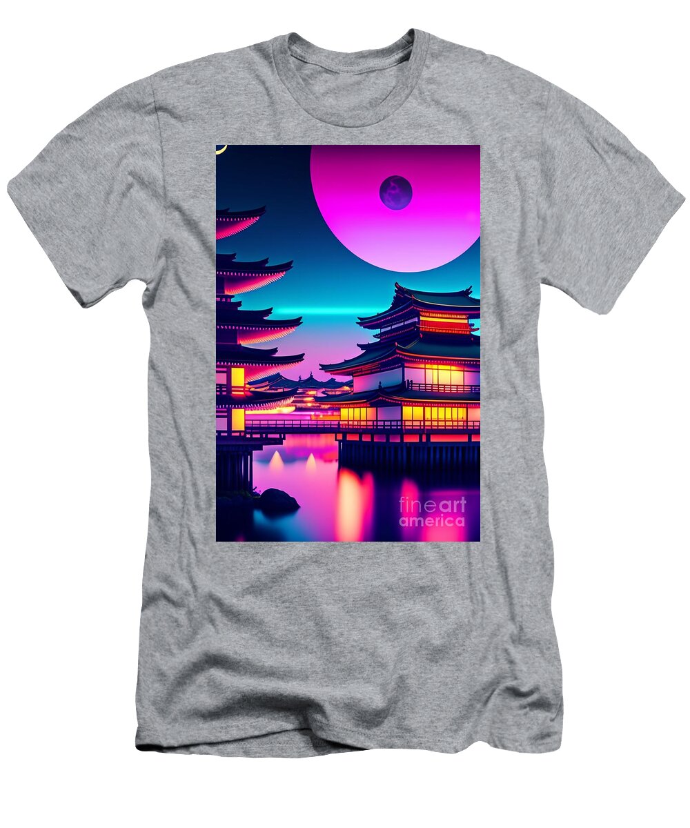 41 Synthwave Japanese Town with Moon Background Boon Mee T-Shirt