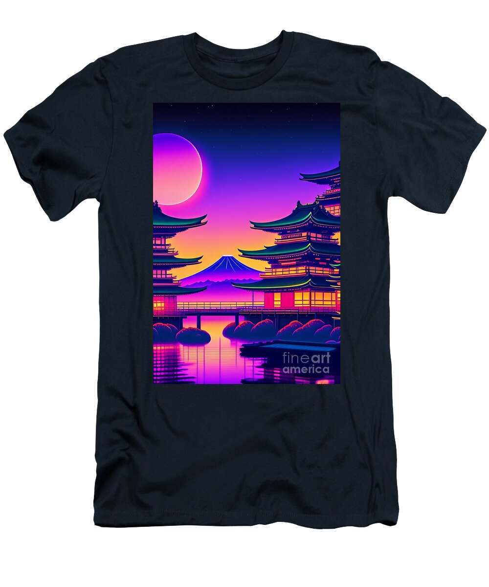 46 Synthwave Japanese Town with Moon Background Boon Mee T-Shirt