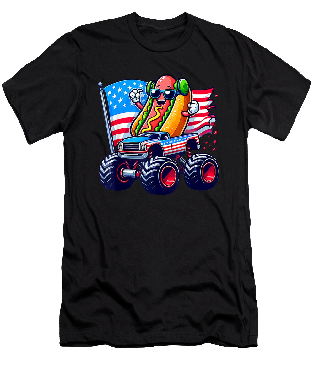 4th of July Hotdog Sunglasses Monster Truck American Flag Dhbubble T-Shirt