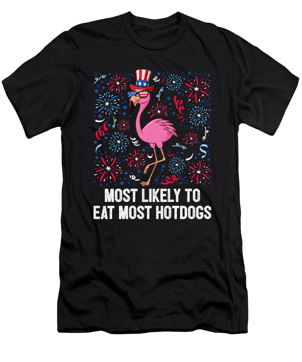 4th of July Likely to Eat Hotdogs USA Flag Flamingo Maximus Designs T-Shirt
