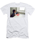5 Boy Child Draws on Paper with a Ruler on a Table Sitting By the Window Elena Saulich T-Shirt
