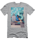 5 Fashion Boy in Blue Clothes Bites At a Cake Pixels with Pickaxe in the Studio Birthday Five Years Elena Saulich T-Shirt