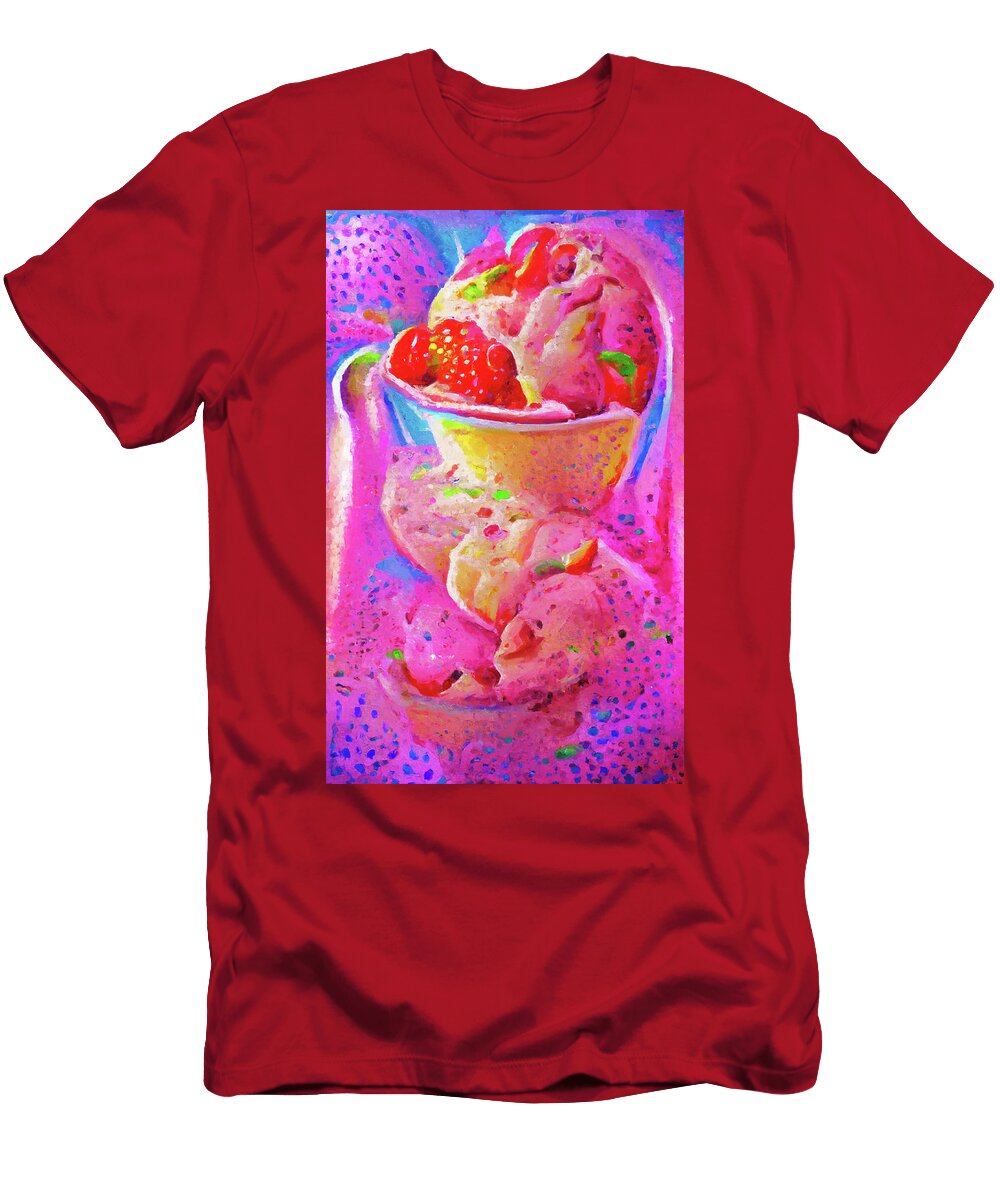 5 Painted Strawberry Ice Cream in Pink and Red Color Melting Ice Art Momente T-Shirt