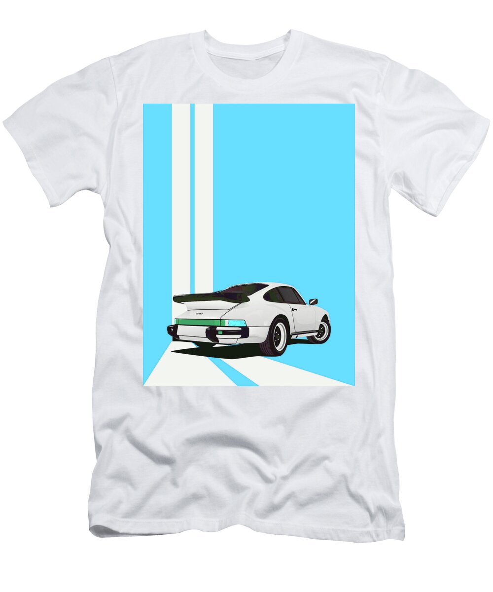 5 Porsche 911 930 Classic Poster Light Blue Cyan Background Thespeedart T-Shirt