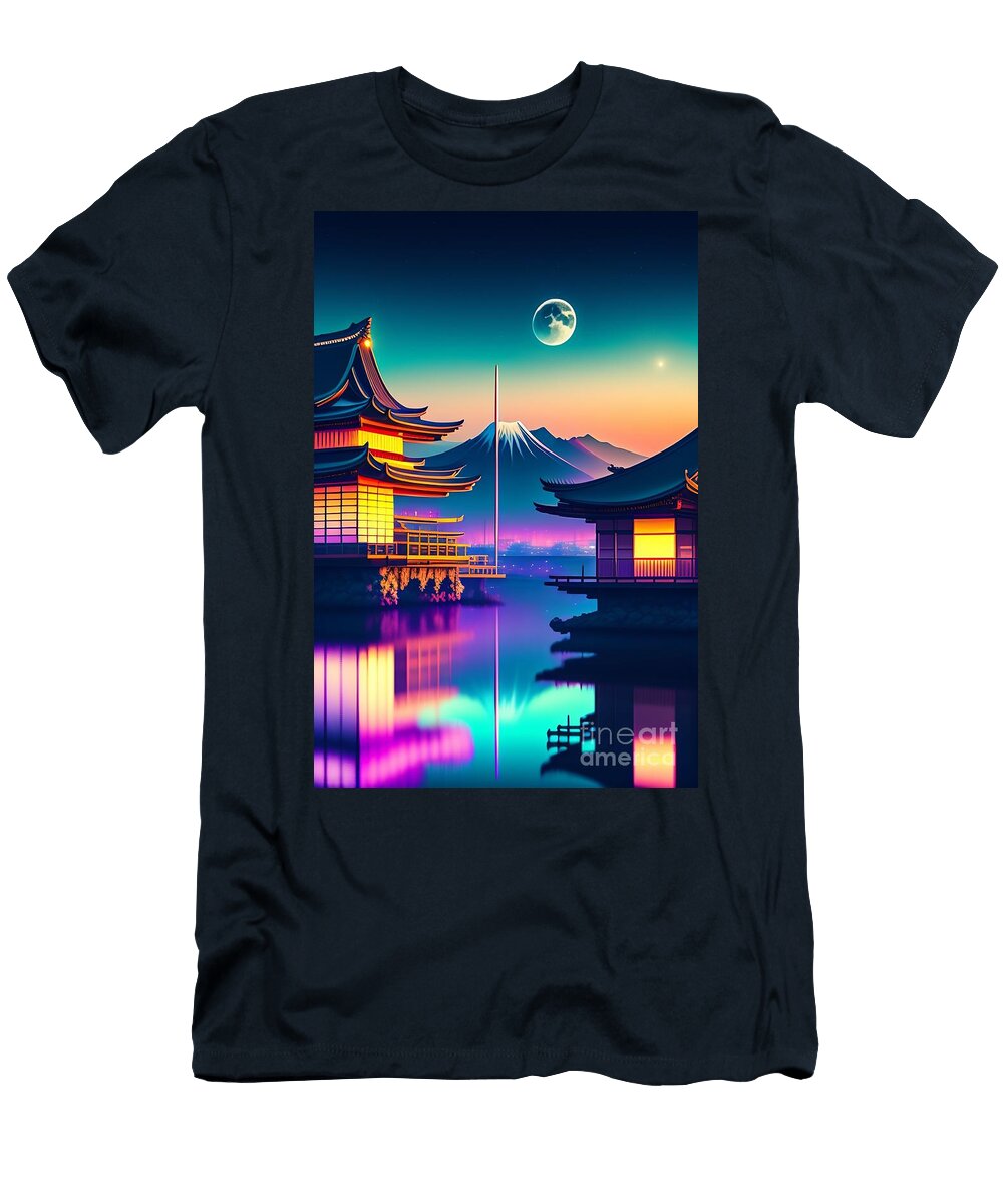 51 Synthwave Japanese Town with Moon Background Boon Mee T-Shirt