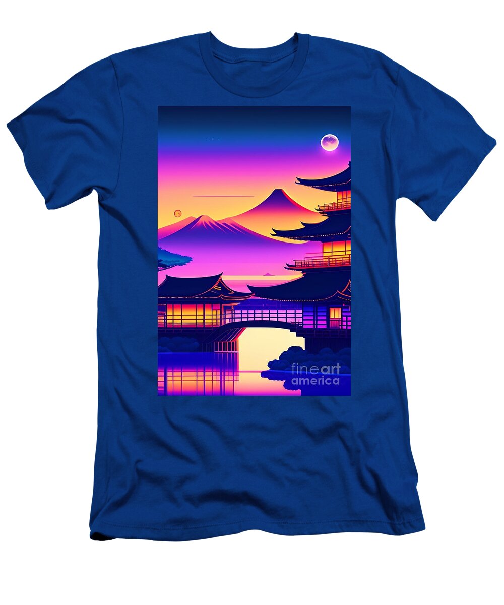 52 Synthwave Japanese Town with Moon Background Boon Mee T-Shirt