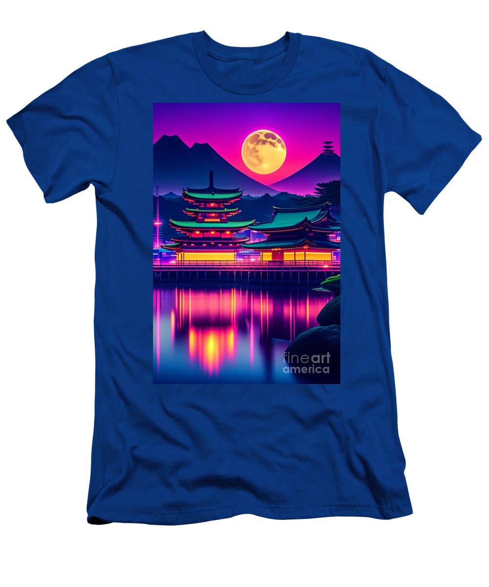53 Synthwave Japanese Town with Moon Background Boon Mee T-Shirt