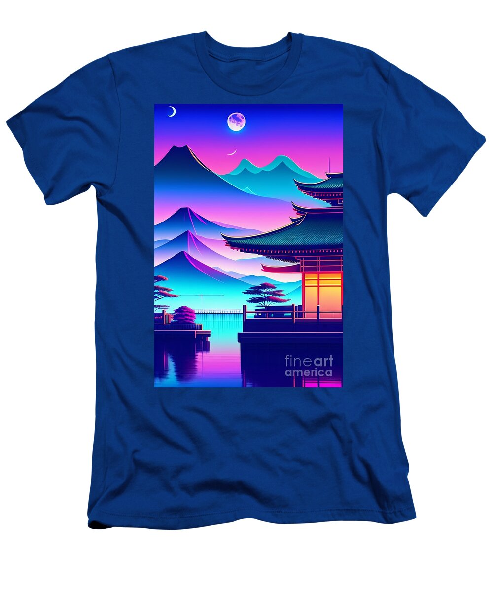 55 Synthwave Japanese Town with Moon Background Boon Mee T-Shirt