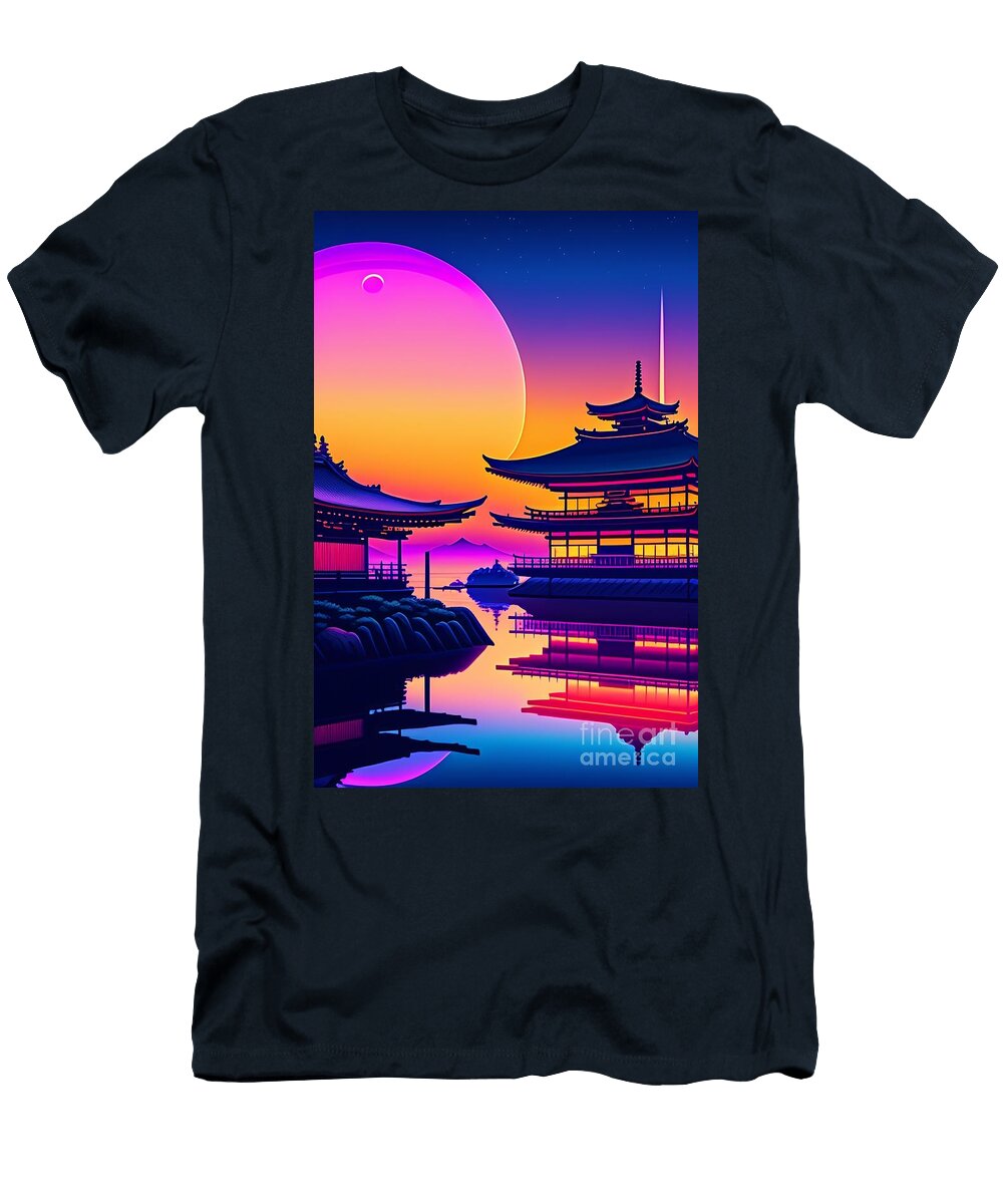 56 Synthwave Japanese Town with Moon Background Boon Mee T-Shirt