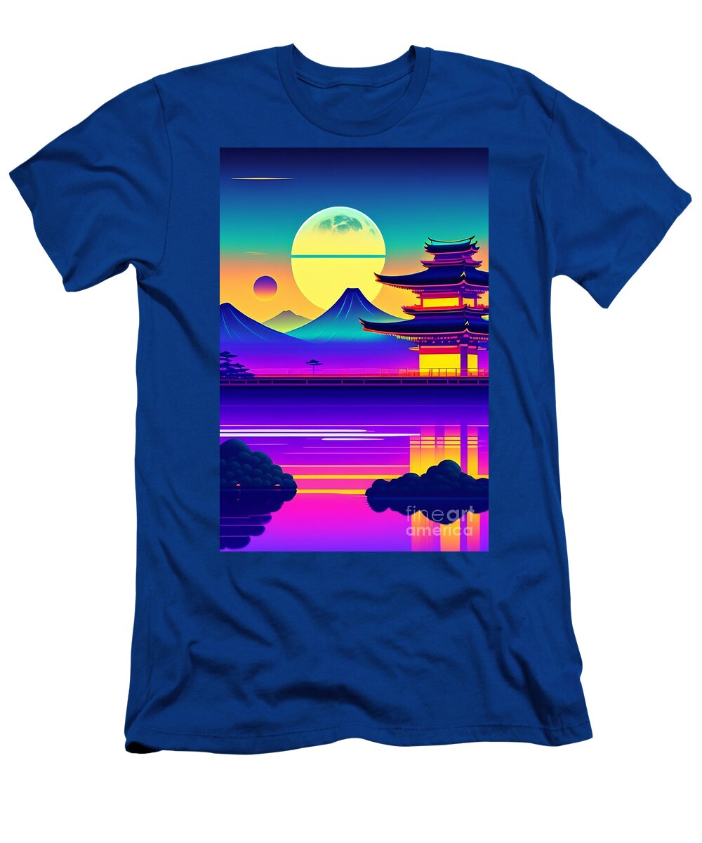 57 Synthwave Japanese Town with Moon Background Boon Mee T-Shirt