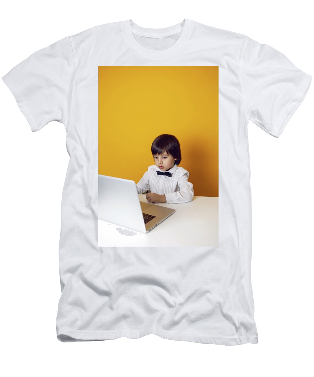 6 Boy Child Businessman in a White and Bow Tie Sits At a Laptop At a Desk in a White Office Elena Saulich T-Shirt