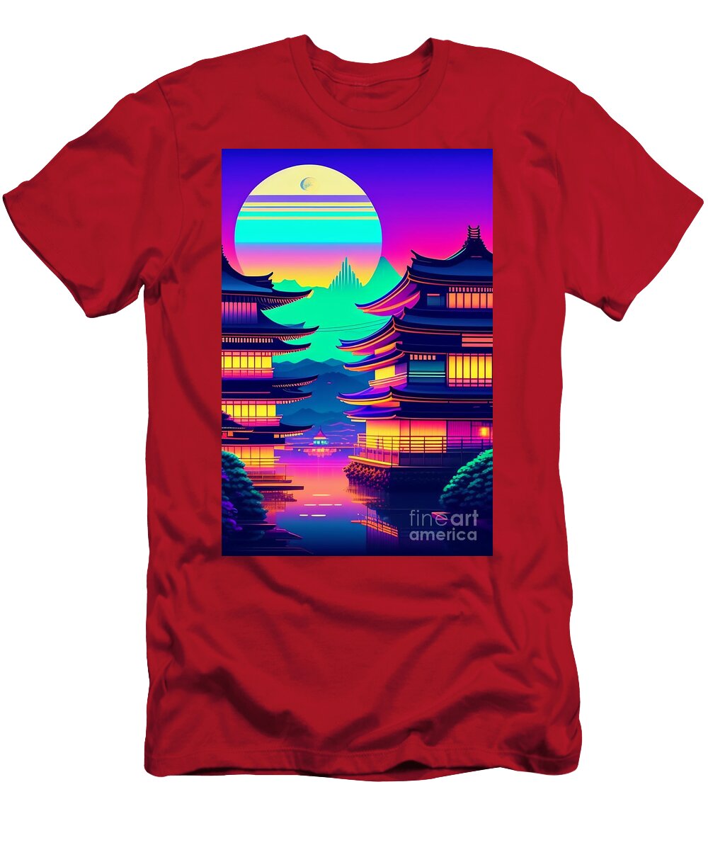 62 Synthwave Japanese Town with Moon Background Boon Mee T-Shirt