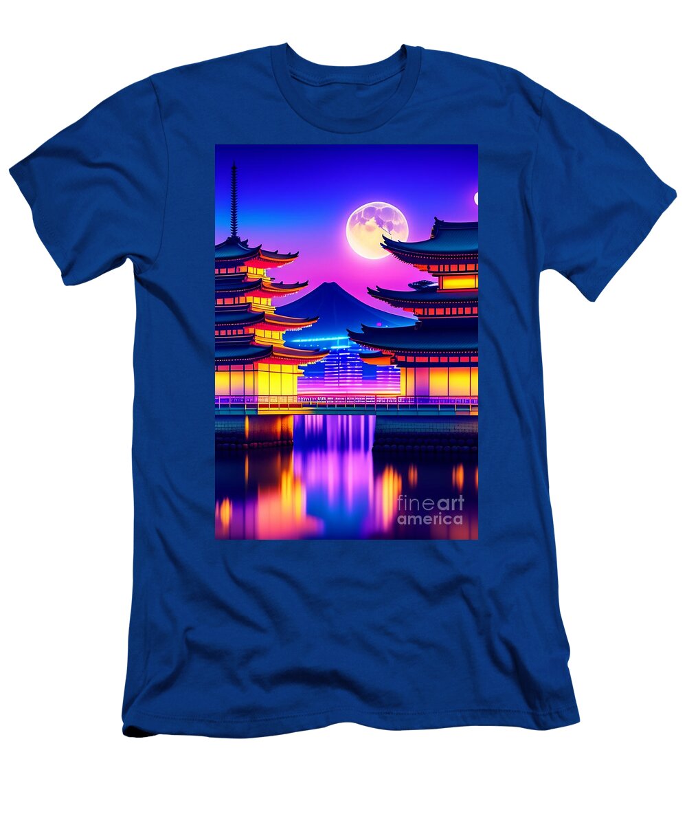 64 Synthwave Japanese Town with Moon Background Boon Mee T-Shirt