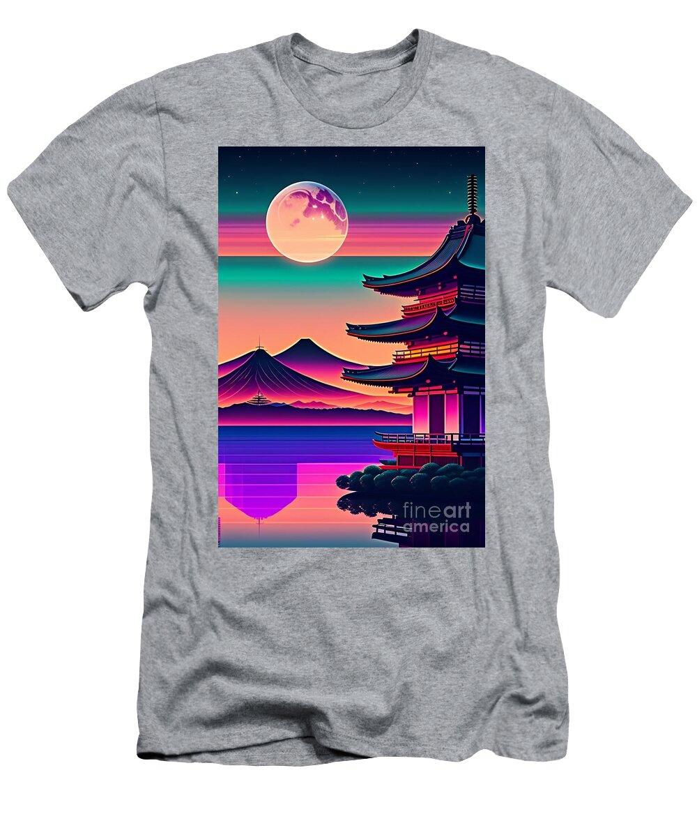 65 Synthwave Japanese Town with Moon Background Boon Mee T-Shirt