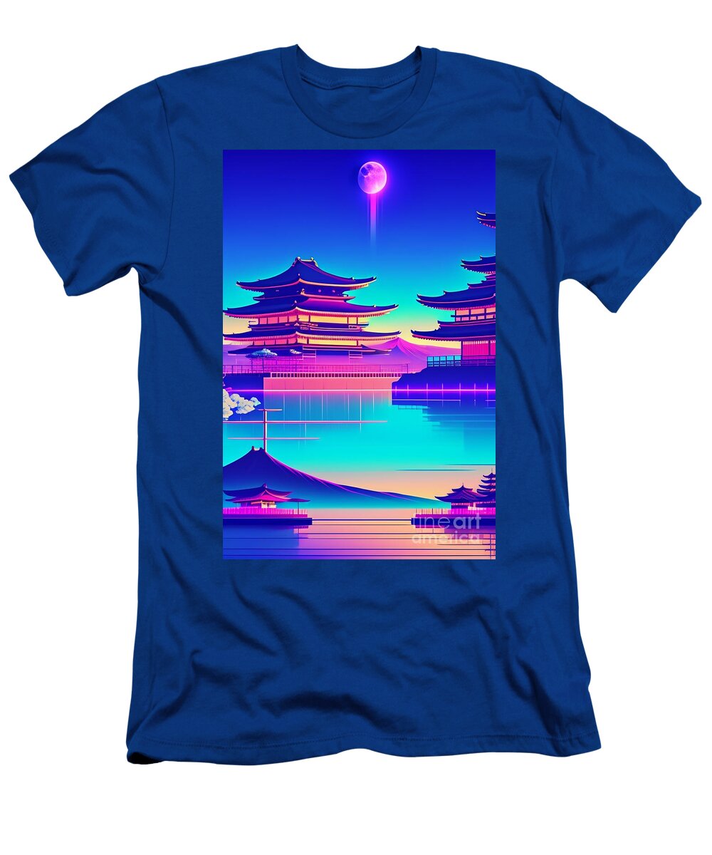 68 Synthwave Japanese Town with Moon Background Boon Mee T-Shirt
