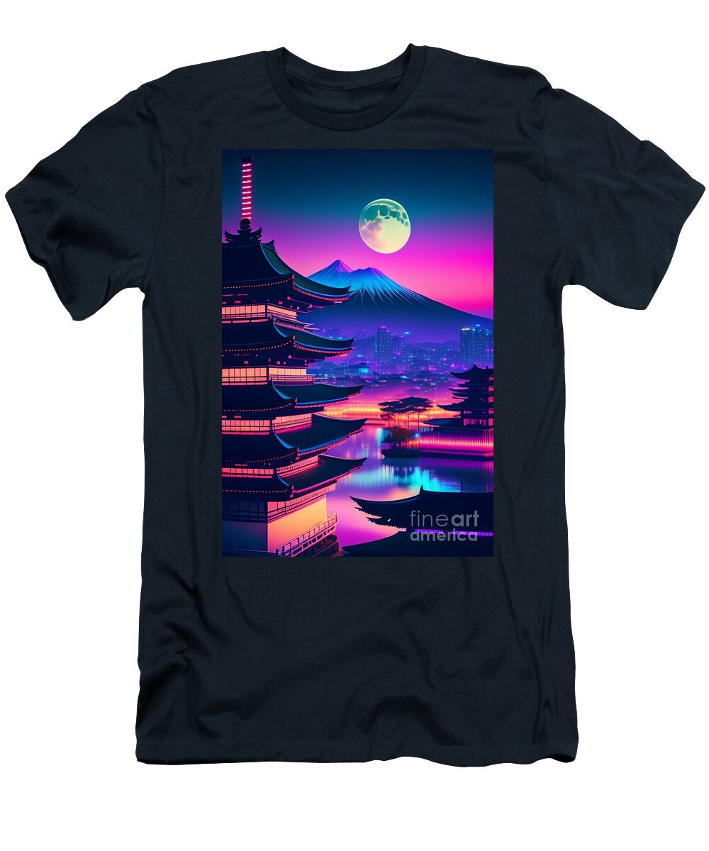 69 Synthwave Japanese Town with Moon Background Boon Mee T-Shirt