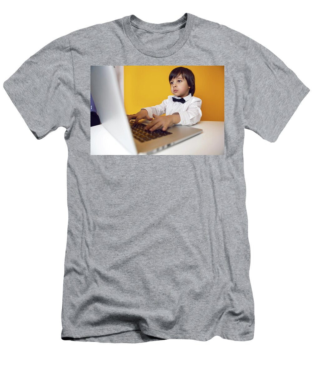 7 Boy Child Businessman in a White and Bow Tie Sits At a Laptop At a Desk in a White Office Elena Saulich T-Shirt