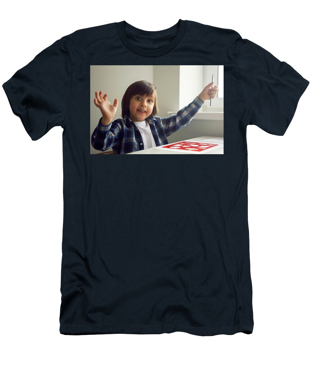 7 Boy Child Draws on Paper with a Ruler on a Table Sitting By the Window Elena Saulich T-Shirt
