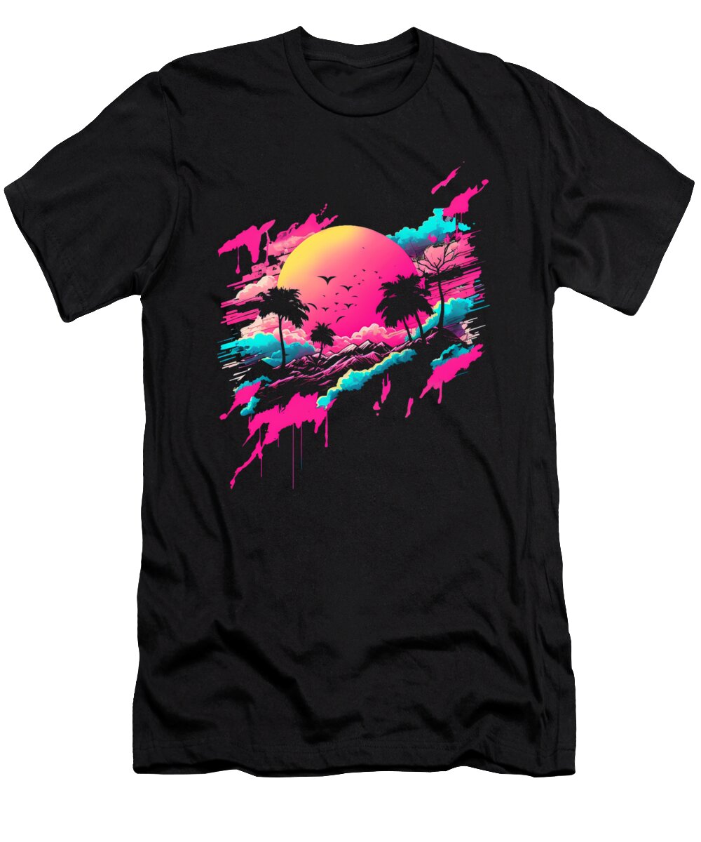 7 Vaporwave Abstract Landscape Moon Tree Waterfall Blue Purple Toms Store T-Shirt