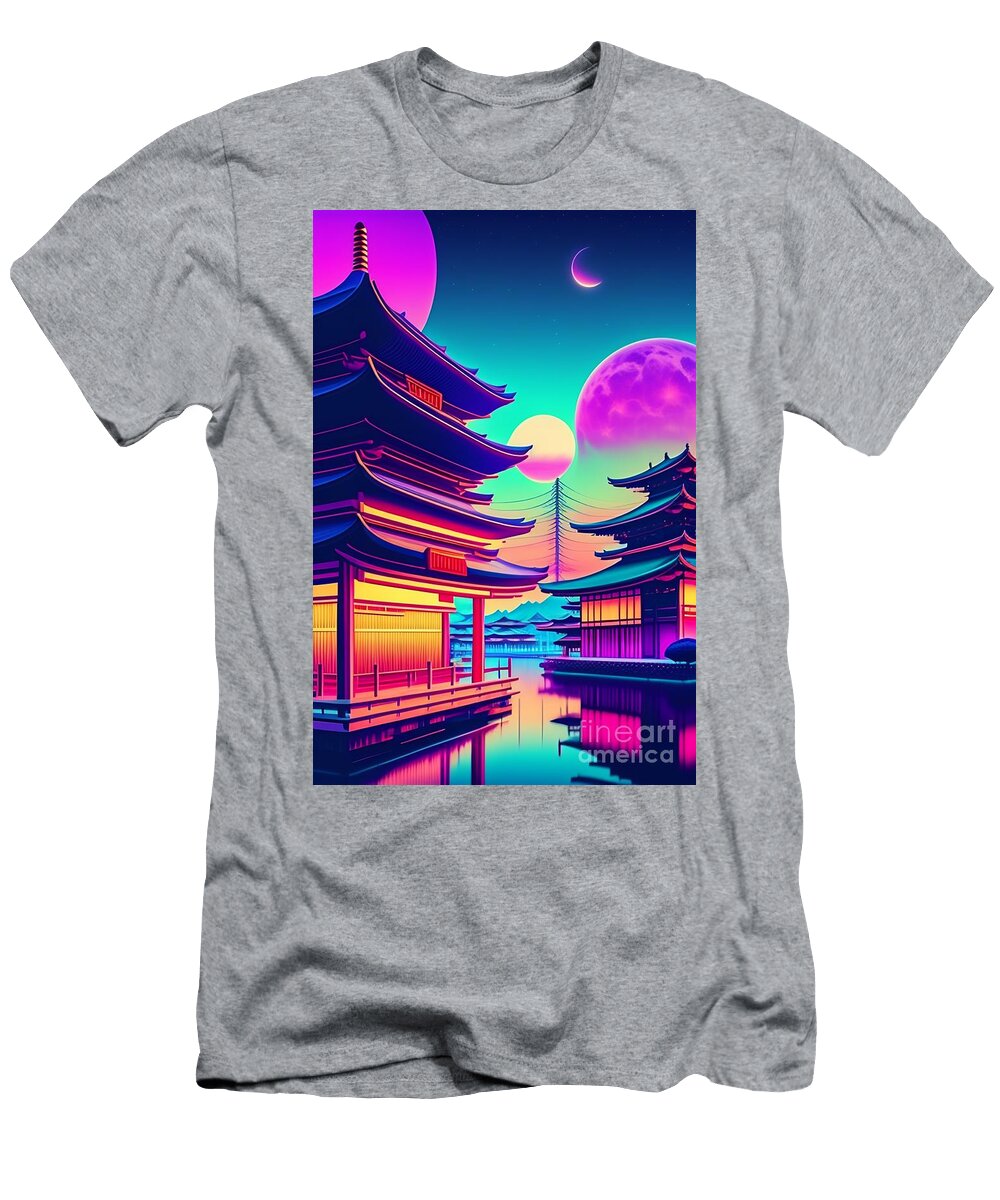 70 Synthwave Japanese Town with Moon Background Boon Mee T-Shirt