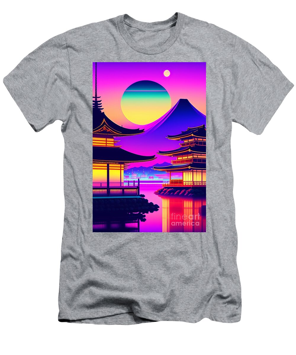 75 Synthwave Japanese Town with Moon Background Boon Mee T-Shirt