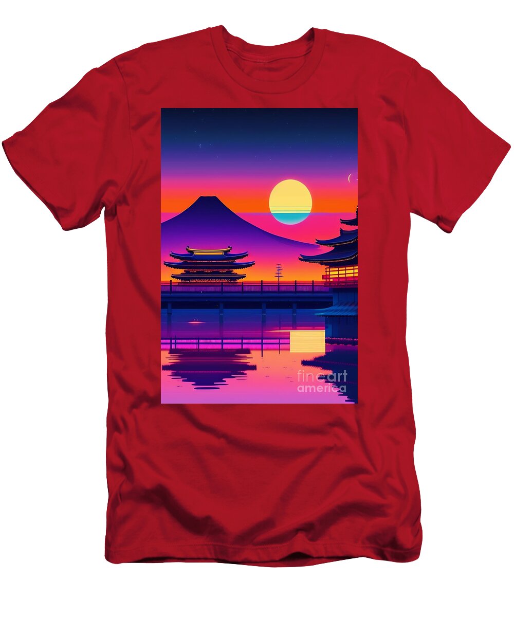 76 Synthwave Japanese Town with Moon Background Boon Mee T-Shirt