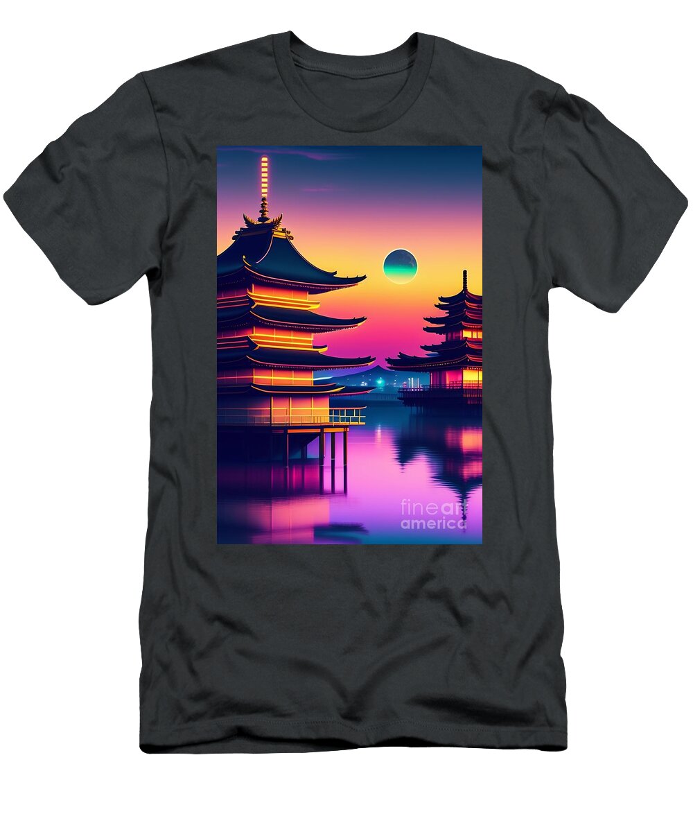79 Synthwave Japanese Town with Moon Background Boon Mee T-Shirt