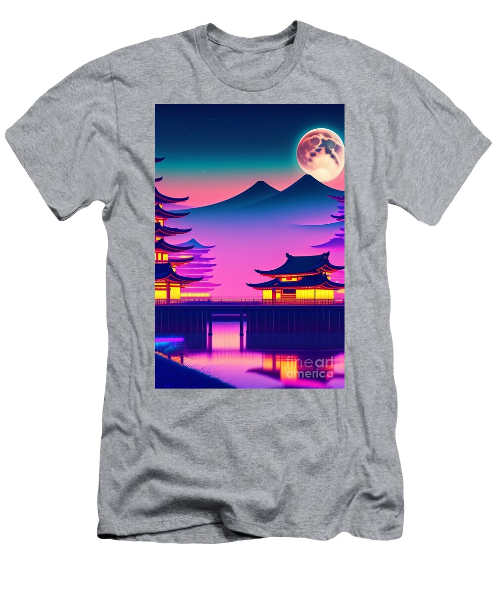 8 Synthwave Japanese Town with Moon Background Boon Mee T-Shirt