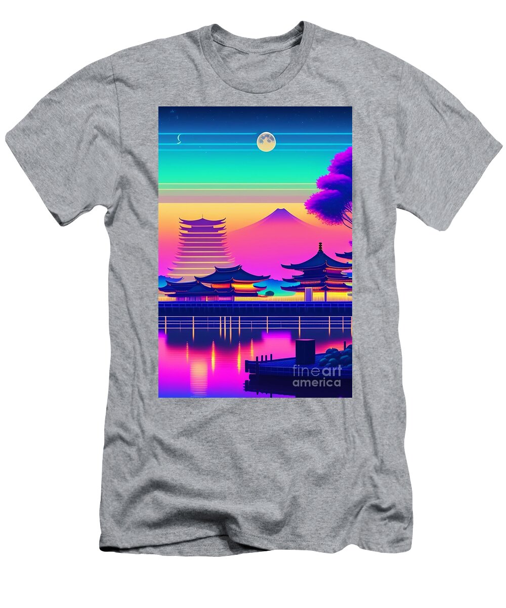 80 Synthwave Japanese Town with Moon Background Boon Mee T-Shirt