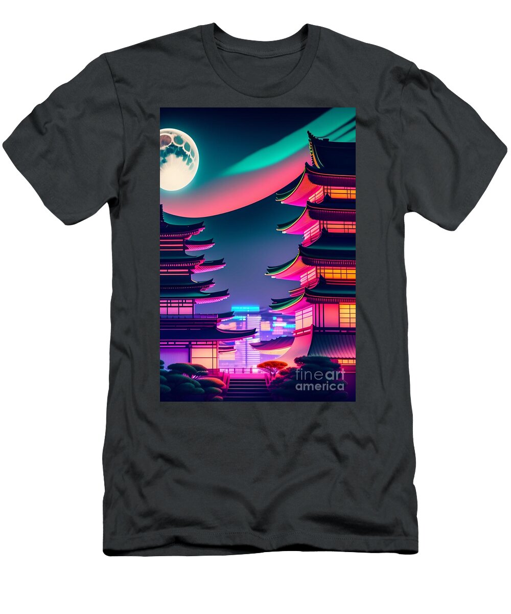 81 Synthwave Japanese Town with Moon Background Boon Mee T-Shirt