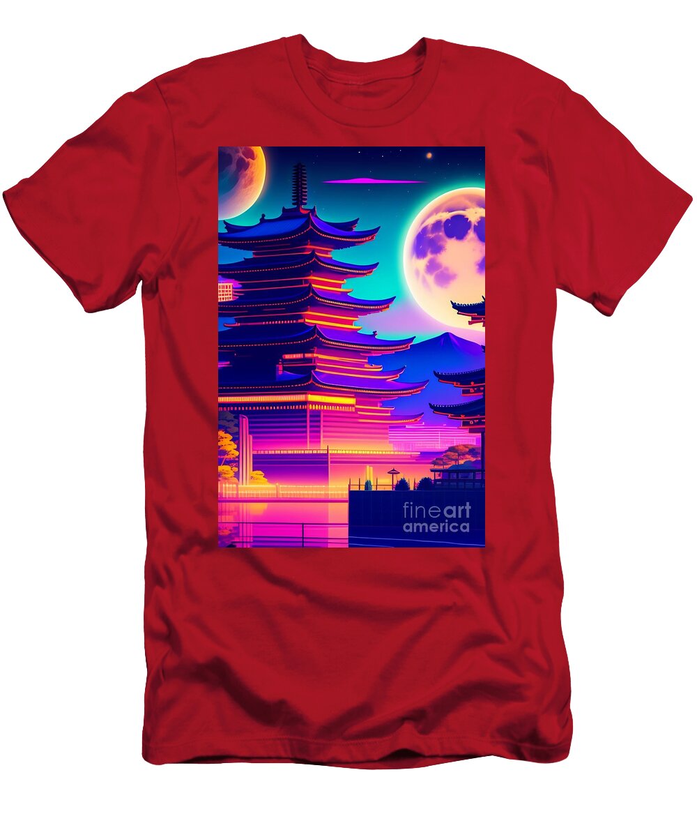82 Synthwave Japanese Town with Moon Background Boon Mee T-Shirt