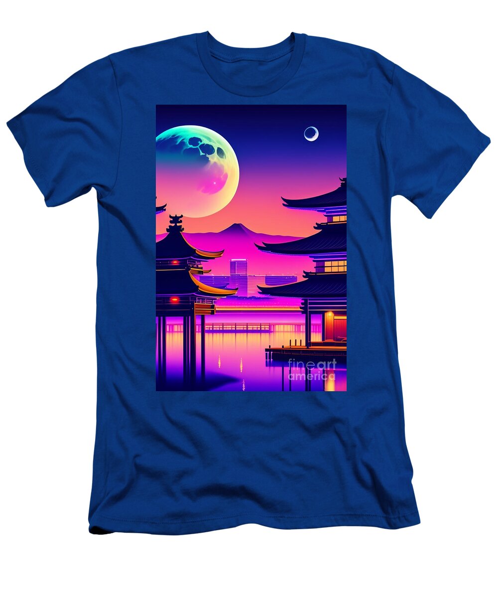83 Synthwave Japanese Town with Moon Background Boon Mee T-Shirt