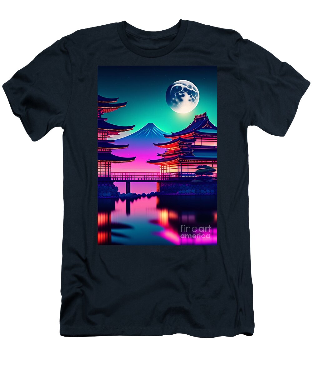 84 Synthwave Japanese Town with Moon Background Boon Mee T-Shirt