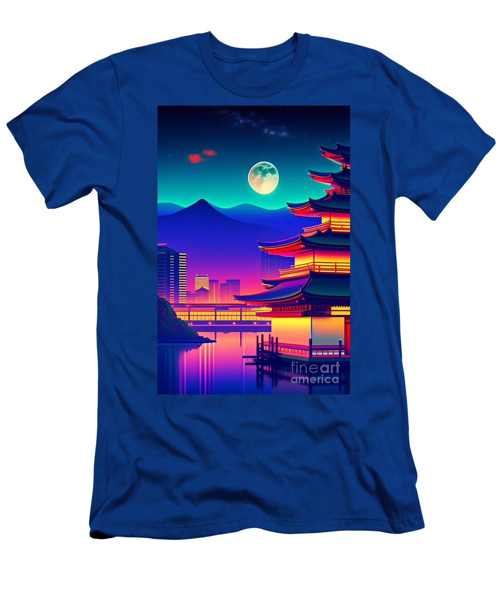 87 Synthwave Japanese Town with Moon Background Boon Mee T-Shirt