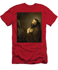 A Bearded Man Wearing a Brown Robe Gazes Upward While Clutching a Cross to His Chest Appearing Cont Motionage Designs T-Shirt