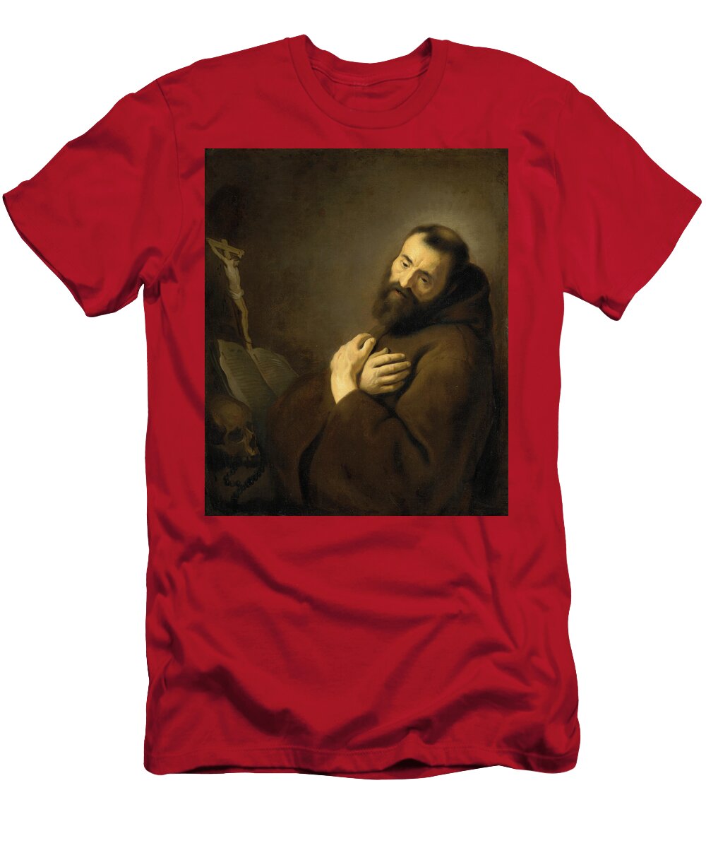 A Bearded Man Wearing a Brown Robe Gazes Upward While Clutching a Cross to His Chest Appearing Cont Motionage Designs T-Shirt
