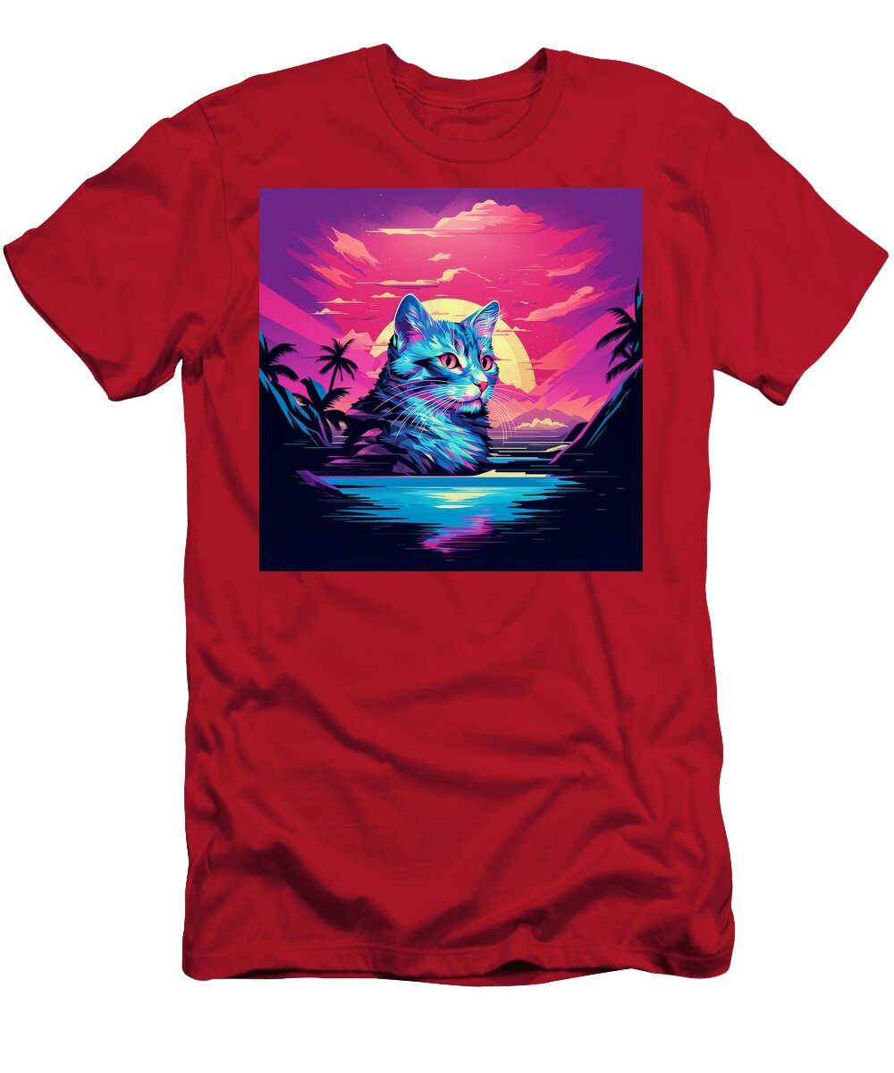 A Cat in a Vibrant Retro Style Landscape Ayomide Obioma T-Shirt