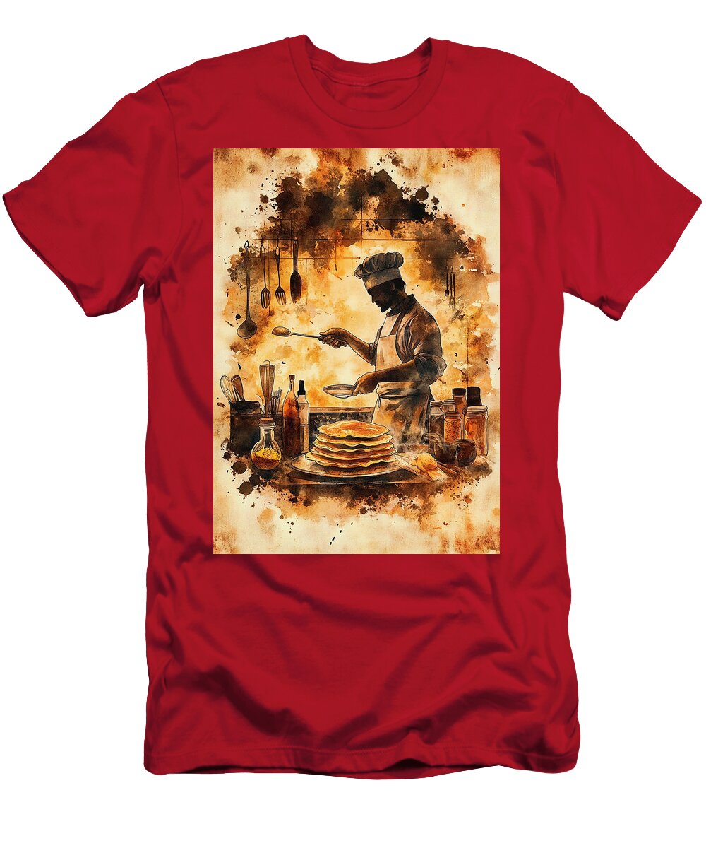 A Chef Flipping a Pancake Surrounded By Utensils and Ingredients on a Kitchen Background Cortez Schinner T-Shirt