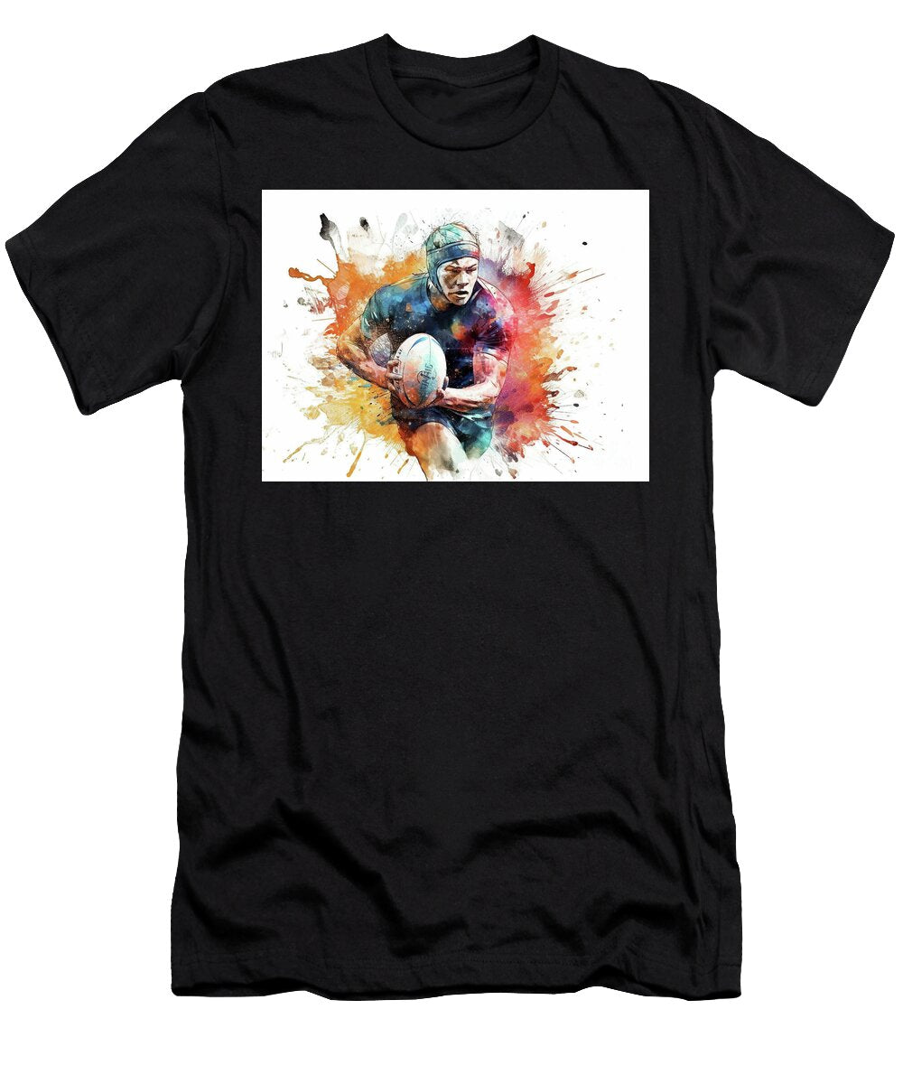 A Dynamic Portrayal of a Rugby Player in Mid Action Clutching a Ball While Running Odon Czintos T-Shirt
