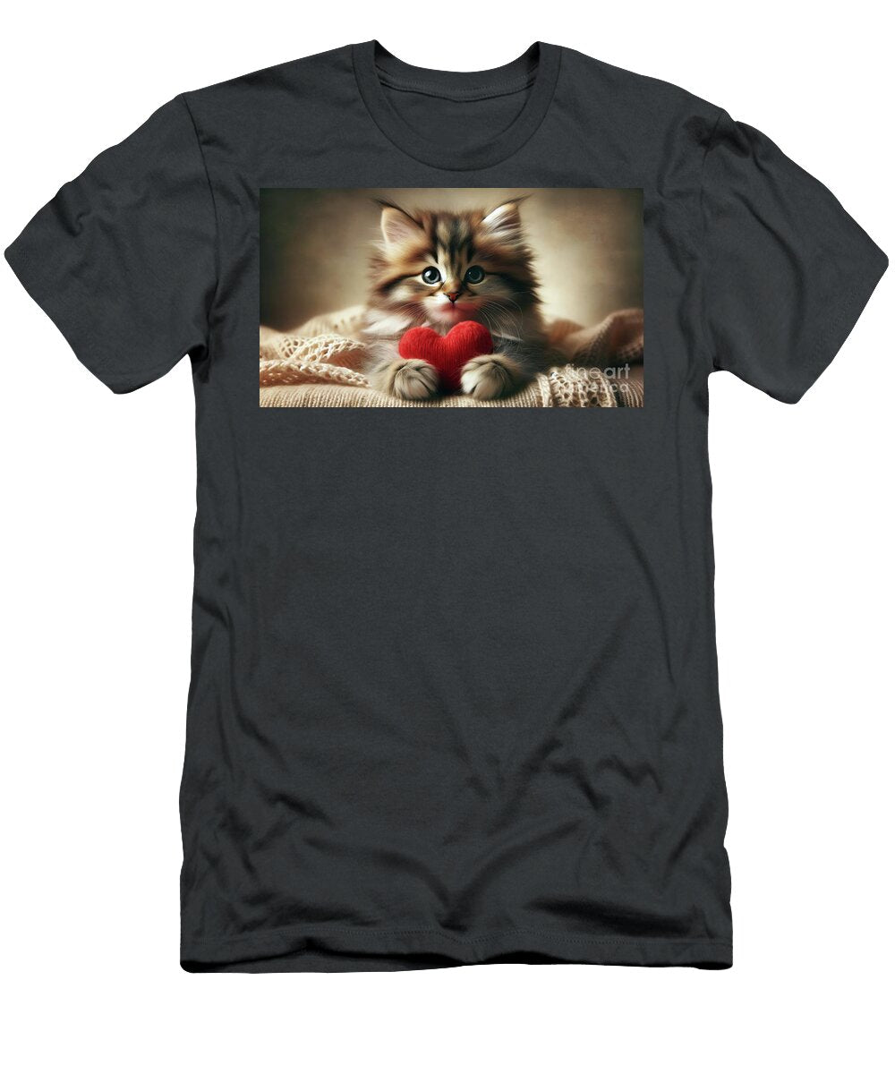 A Fluffy Tabby Kitten with Big Eyes Adorable Clutches a Red Heart Shaped Pillow Odon Czintos T-Shirt