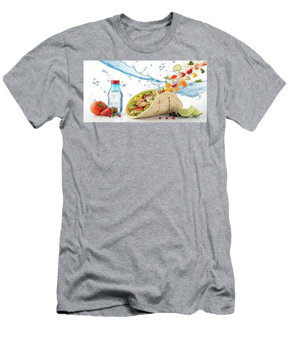A Fresh Colorful Wrap Filled with Grilled Chicken Vegetables and Lettuce Is Paired with a Small W Odon Czintos T-Shirt